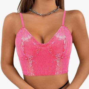 Women's V-Neck Sparkle Sequin Crop Top Bustier Rave Clubwear